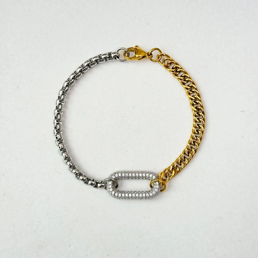 New Unique Design 18k Gold Plated Stainless Steel Two Tone Splicing Chain Oval Full Zircon Charms Bracelet for Women YF3678 - Image 3