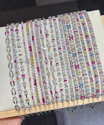 Dylam Rainbow Pink Boho Jewelry Stone Adjustable S925 Sterling Silver Bracelet for Women Cubic Zircon Tennis Bracelets Set
