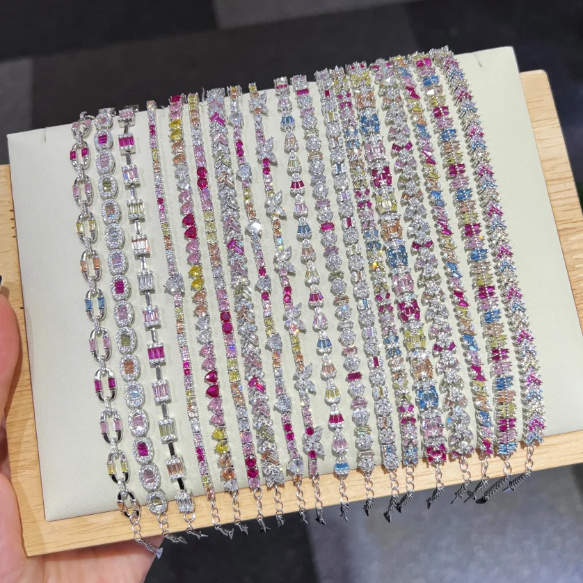 Dylam Rainbow Pink Boho Jewelry Stone Adjustable S925 Sterling Silver Bracelet for Women Cubic Zircon Tennis Bracelets Set