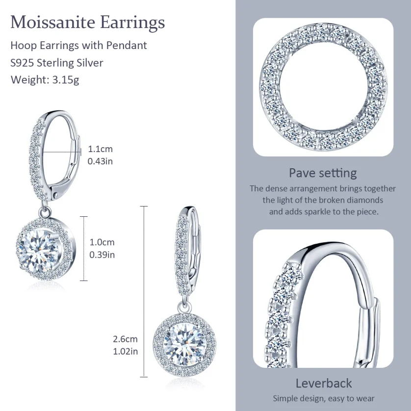 Luxury Round Dangle Hoop Earrings 1ct Diamond 925 Sterling Silver Ladies Mossanit Earrings for Women - Image 3