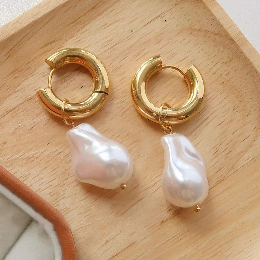Hypoallergenic Designer Baroque Pearl Earrings Trendy Stainless Steel 18k Gold Plated Statement Hoop Earrings Women - Image 5