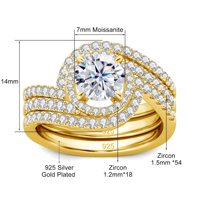 Luxury Rings 3pcs Set Wedding Engagement 925 Sterling Silver 18K Gold Woman Moissanite Diamonds Finger Ring - Image 5