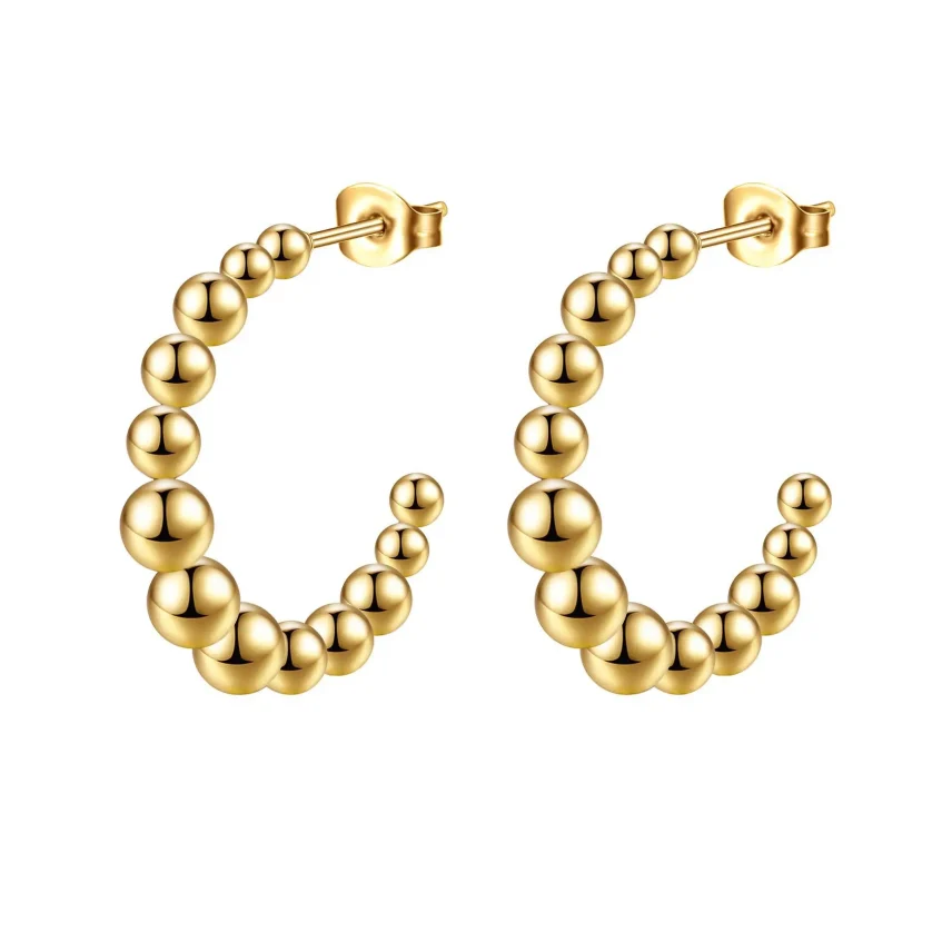 2023 14K Gold Filled Beaded Hoop Earring for Women, C Shape Stainless Steel Ball Earring Jewelry - Image 3