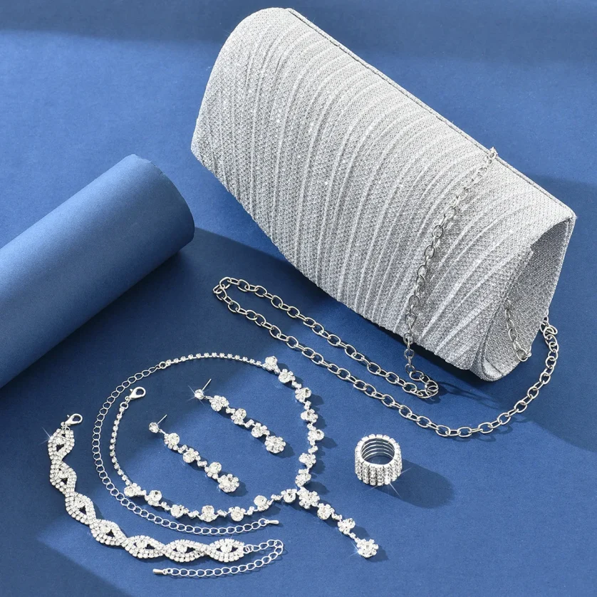 Bridal Jewelry Set Stylish Simple Diamond Bracelet Earrings Necklace PU Clutch Dinner Bag Set (KJ140) - Image 3