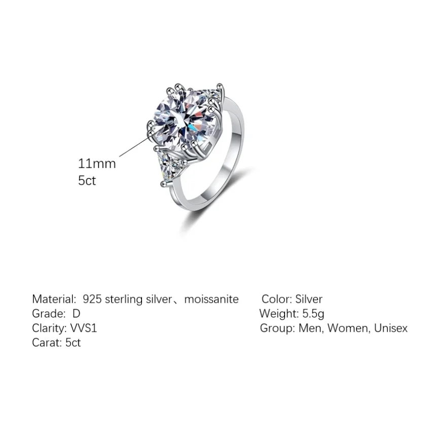 5ct Moissanite Ring, Stunning Sterling Silver Moissanite Ring Men and Women, Engagement Ring Moissanite Diamond Wedding Ring - Image 3