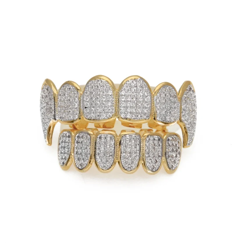 Hiphop Jewelry Grills Hot Sale Top and Bottom Set Micro Pave Bling Diamond Custom Gold Grillz Cz Ice Out Grillz Teeth Set