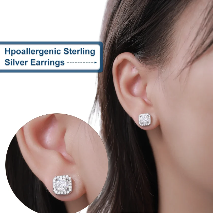 Jewelry 925 Sterling Silver VVS Moissanite Diamond Classic Square Halo Stud Earrings for Men Women - Image 4