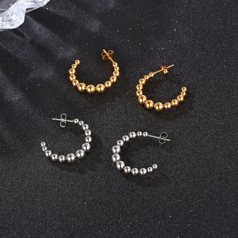 2023 14K Gold Filled Beaded Hoop Earring for Women, C Shape Stainless Steel Ball Earring Jewelry - Image 5