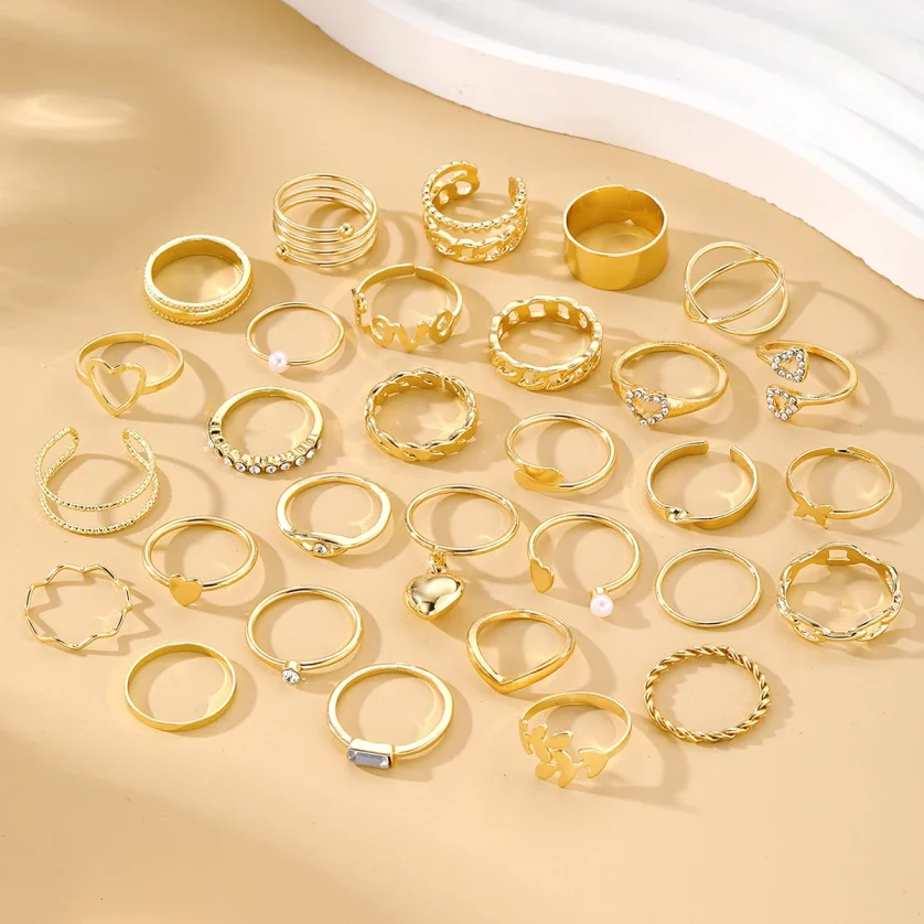30PCS/Set Trendy Gold Love Heart Leaf Pearl Ring Set for Women Jewelry Punk Diamond Crystal Rhinestone Stackable Rings - Image 4