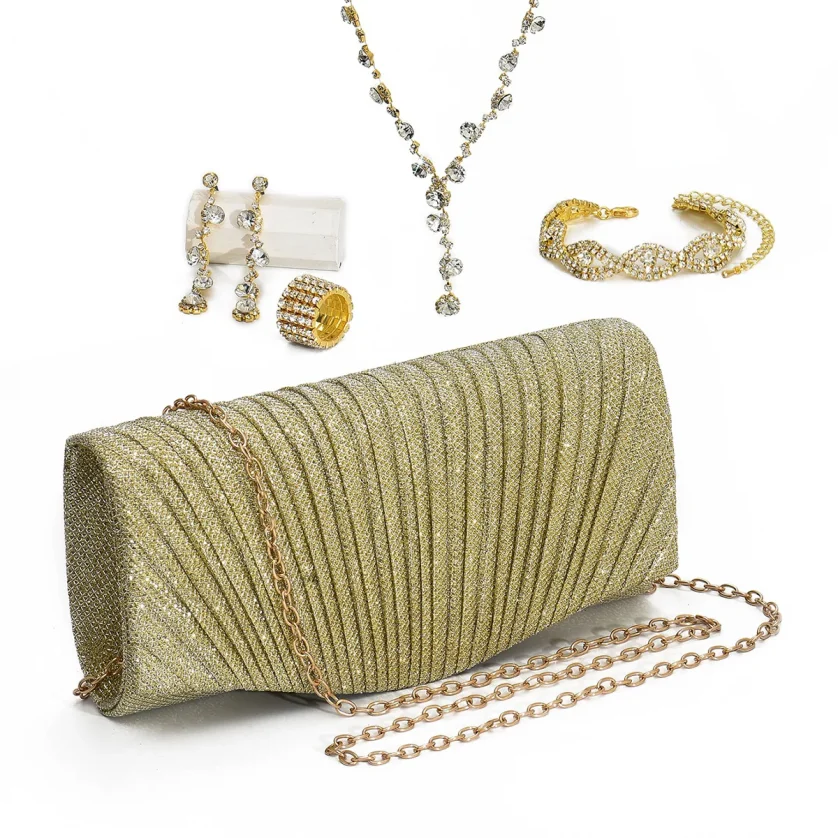Bridal Jewelry Set Stylish Simple Diamond Bracelet Earrings Necklace PU Clutch Dinner Bag Set (KJ140) - Image 6