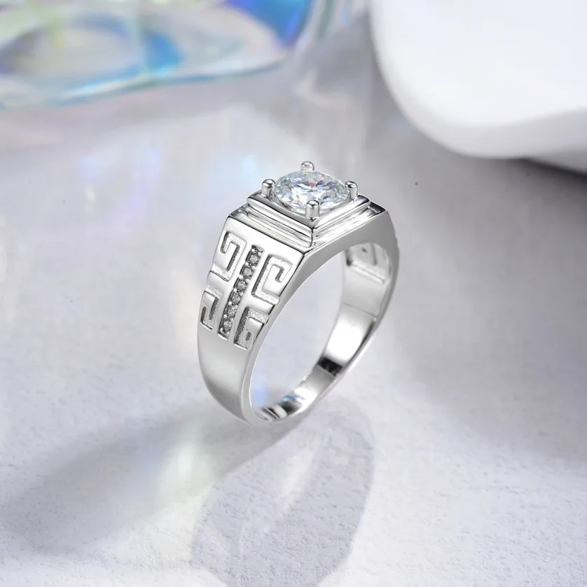 Hip Hop Custom 925 Sterling Silver Cz Moissanite Men's Patterned Rings Round Cut   for Men's Wedding Engagement Ring - Image 4
