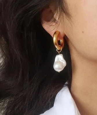 Hypoallergenic Designer Baroque Pearl Earrings Trendy Stainless Steel 18k Gold Plated Statement Hoop Earrings Women