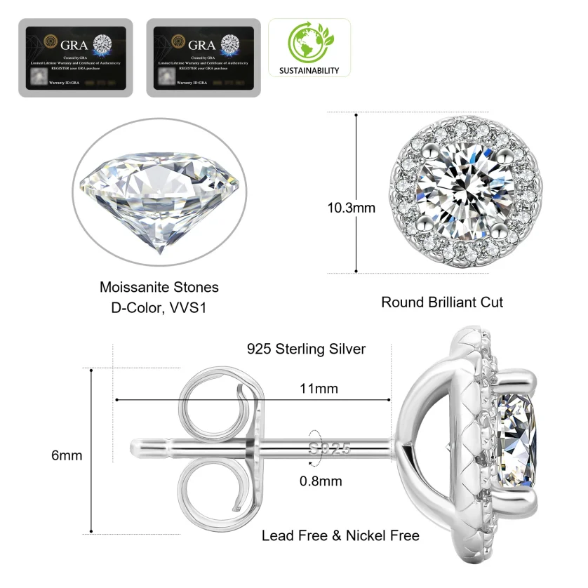 1.0CT 2.0CT Halo Lab Diamond White Gold Vermeil 925 Sterling Silver Studs Men Women Jewelry Round VVS GRA Moissanite Earring - Image 5