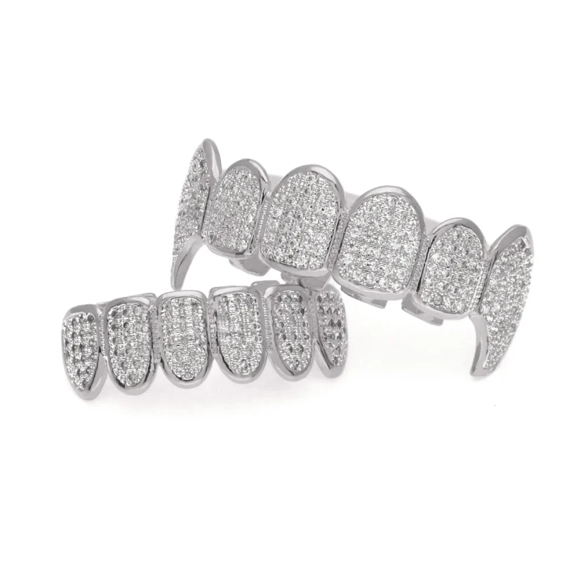 Hiphop Jewelry Grills Hot Sale Top and Bottom Set Micro Pave Bling Diamond Custom Gold Grillz Cz Ice Out Grillz Teeth Set - Image 2
