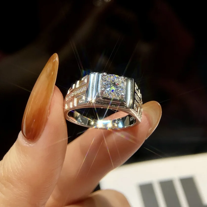 Hip Hop Custom 925 Sterling Silver Cz Moissanite Men's Patterned Rings Round Cut   for Men's Wedding Engagement Ring