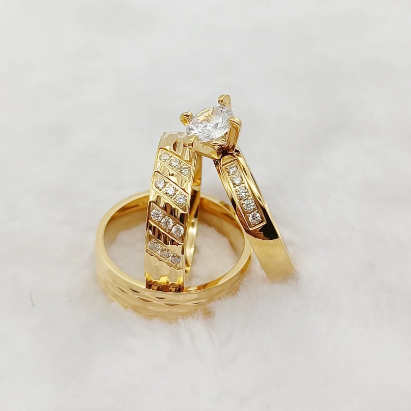 Handmade Hammered 18k Gold Plated Couple Wedding Engagement Ring for Men and Women 3pcs Bridal Sets Cz Diamond Ring Alliance - Image 2