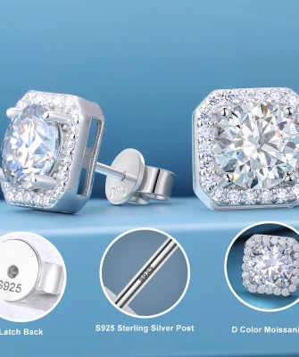 Jewelry 925 Sterling Silver VVS Moissanite Diamond Classic Square Halo Stud Earrings for Men Women