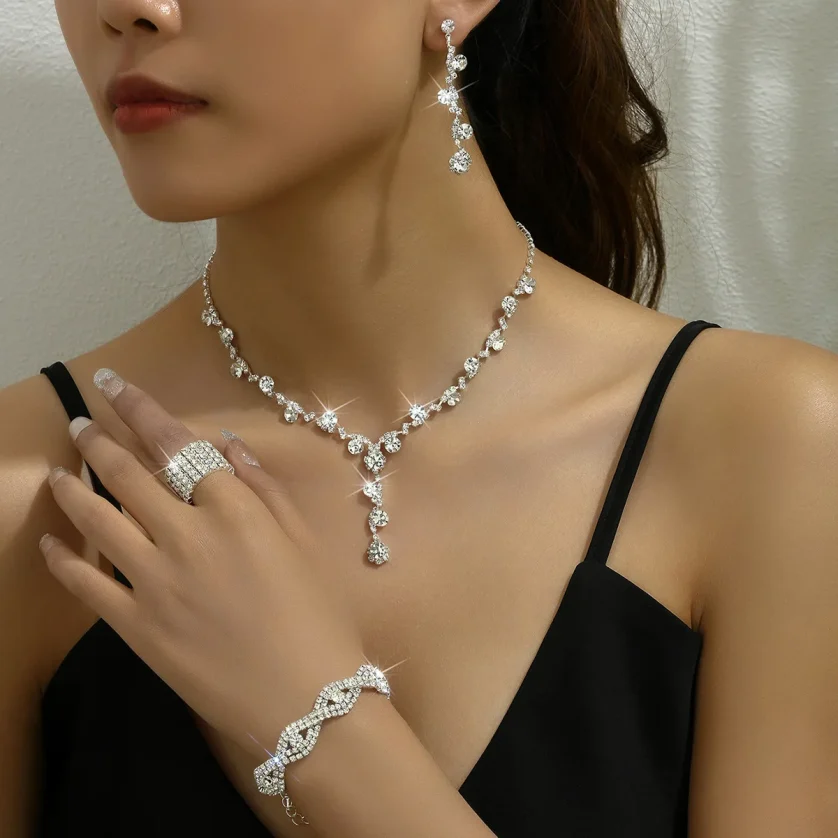 Bridal Jewelry Set Stylish Simple Diamond Bracelet Earrings Necklace PU Clutch Dinner Bag Set (KJ140) - Image 4