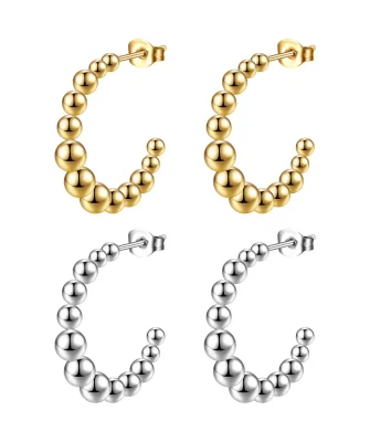 2023 14K Gold Filled Beaded Hoop Earring for Women, C Shape Stainless Steel Ball Earring Jewelry