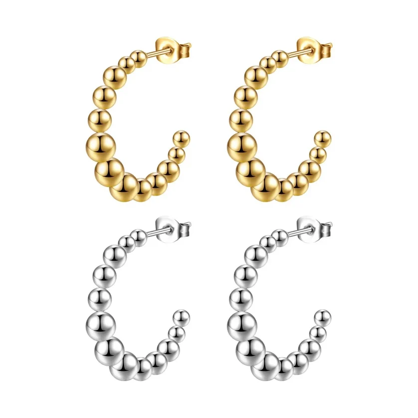 2023 14K Gold Filled Beaded Hoop Earring for Women, C Shape Stainless Steel Ball Earring Jewelry