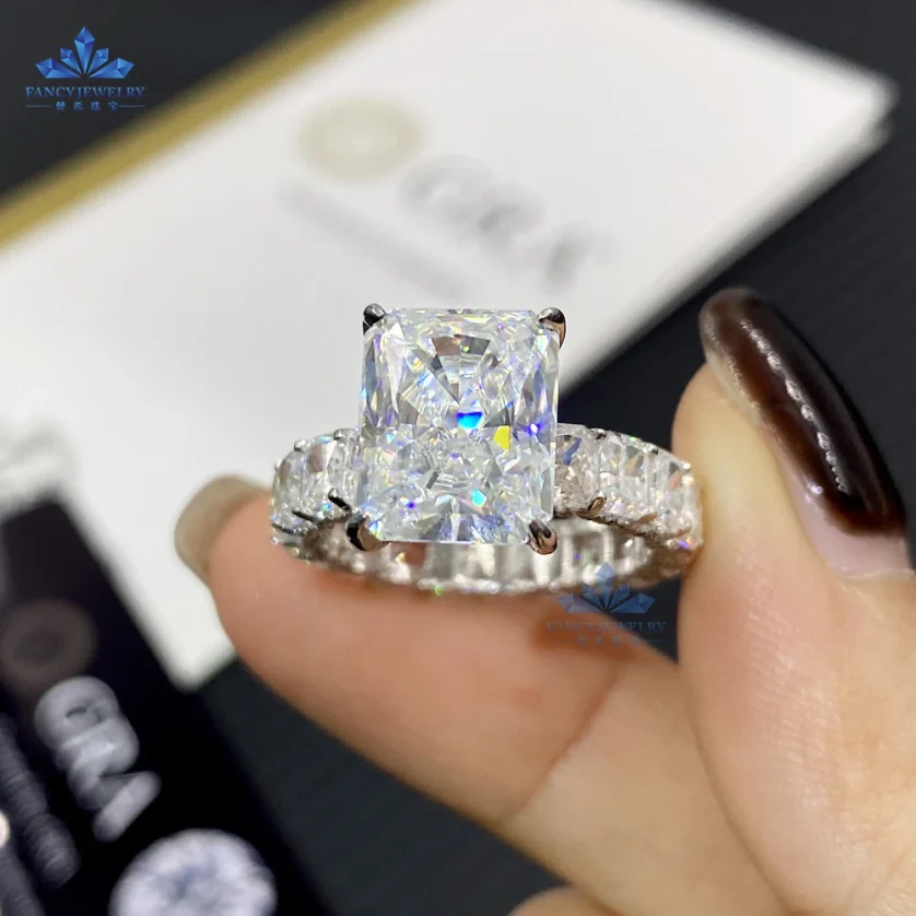 2025 Hot Selling 925 Silver Full Diamond Ring Band 5CT 9x11mm Radiant Emerald Moissanite Diamond Rings with Luxury Design - Image 2