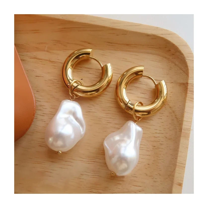 Hypoallergenic Designer Baroque Pearl Earrings Trendy Stainless Steel 18k Gold Plated Statement Hoop Earrings Women - Image 6