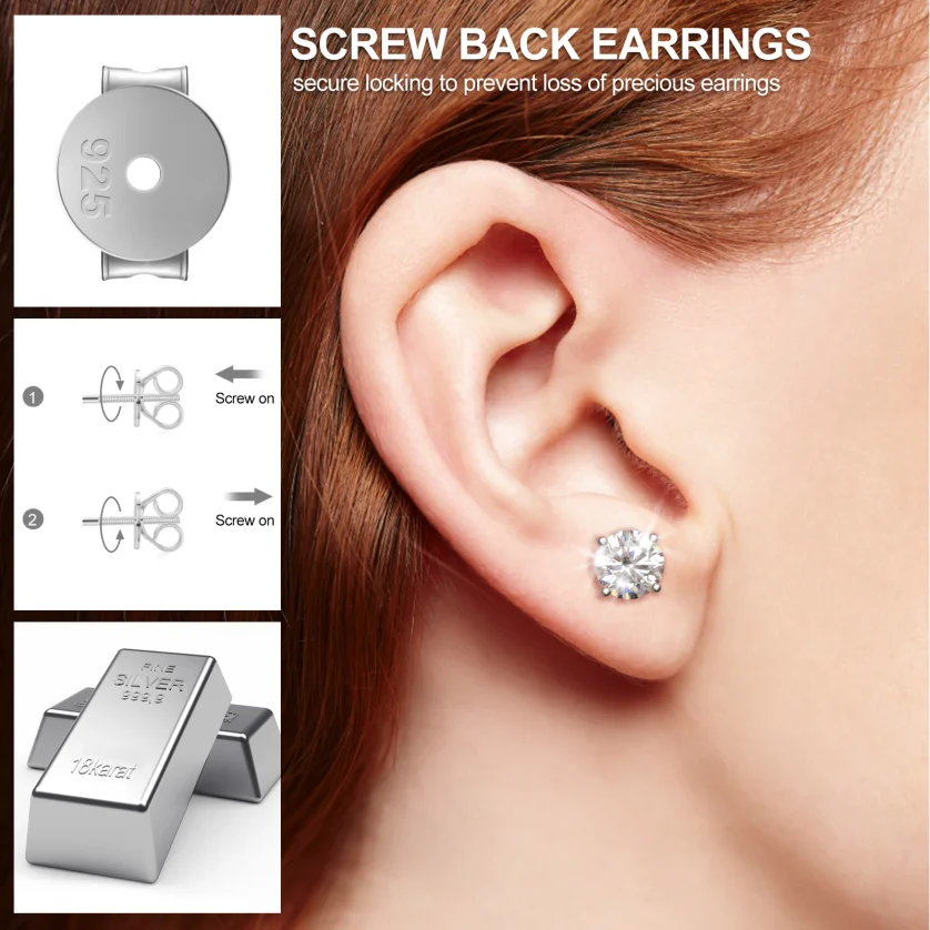 USA Local Stock Men Women Luxury 18K Gold Plated Sterling Silver Classic VVS Moissanite Diamond Stud Earrings With Gift Box - Image 3