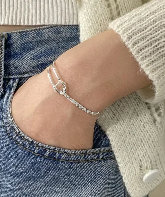 Genuine 925 Sterling Silver Double Layer Chain Knot Bracelet & Bangle for Women Fine Jewelry