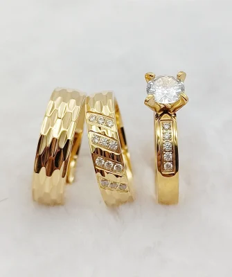 Handmade Hammered 18k Gold Plated Couple Wedding Engagement Ring for Men and Women 3pcs Bridal Sets Cz Diamond Ring Alliance