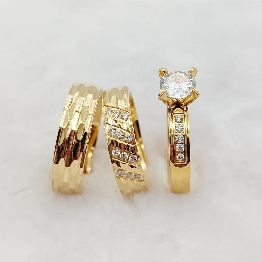 Handmade Hammered 18k Gold Plated Couple Wedding Engagement Ring for Men and Women 3pcs Bridal Sets Cz Diamond Ring Alliance
