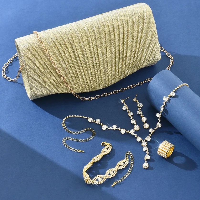 Bridal Jewelry Set Stylish Simple Diamond Bracelet Earrings Necklace PU Clutch Dinner Bag Set (KJ140) - Image 2