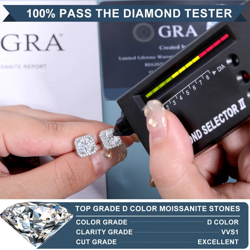 Jewelry 925 Sterling Silver VVS Moissanite Diamond Classic Square Halo Stud Earrings for Men Women - Image 3