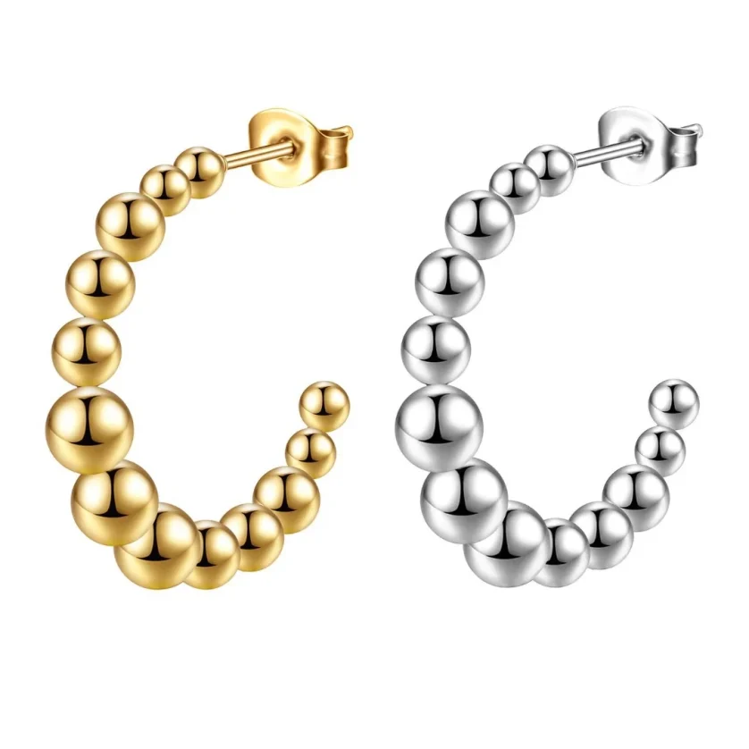 2023 14K Gold Filled Beaded Hoop Earring for Women, C Shape Stainless Steel Ball Earring Jewelry - Image 6