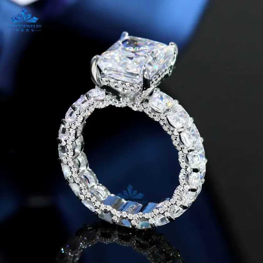2025 Hot Selling 925 Silver Full Diamond Ring Band 5CT 9x11mm Radiant Emerald Moissanite Diamond Rings with Luxury Design - Image 6
