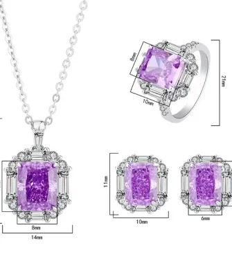 Fashion Square Purple Diamonds Necklace Ring Ear Studs Set Wedding Gift High Quality S925 Silver Purple Crystal Jewelry Set
