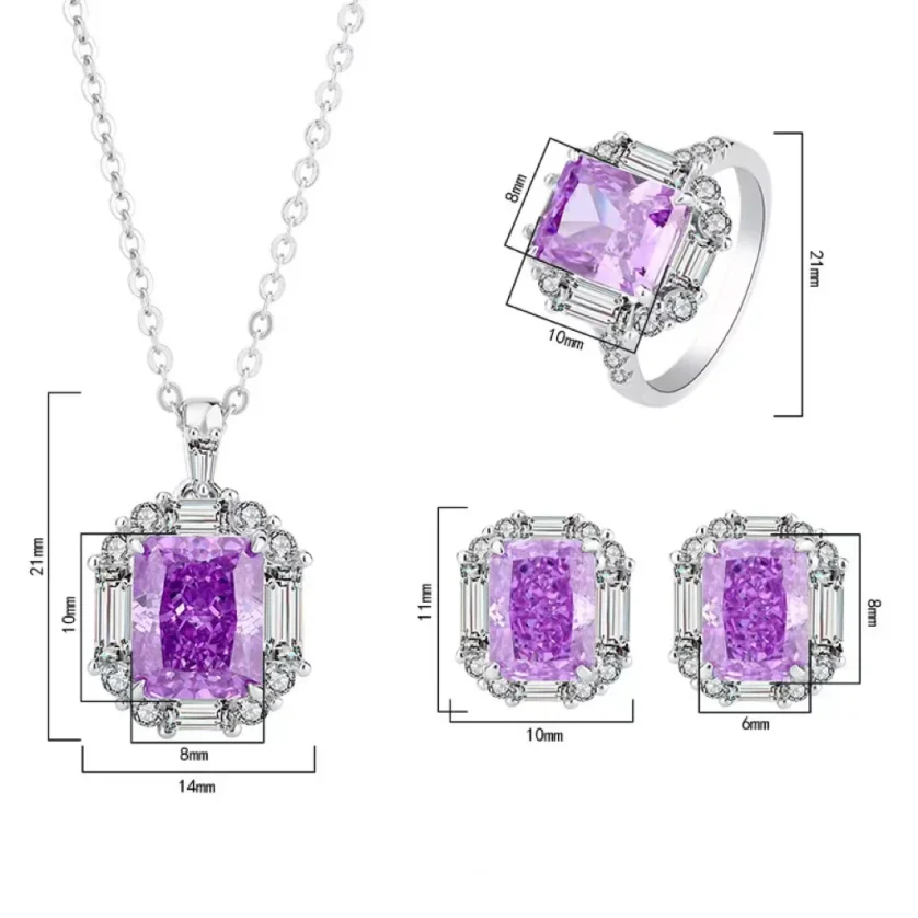 Fashion Square Purple Diamonds Necklace Ring Ear Studs Set Wedding Gift High Quality S925 Silver Purple Crystal Jewelry Set