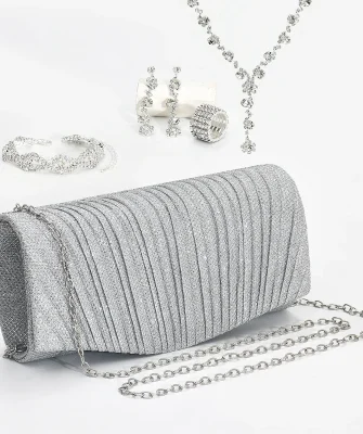 Bridal Jewelry Set Stylish Simple Diamond Bracelet Earrings Necklace PU Clutch Dinner Bag Set (KJ140)