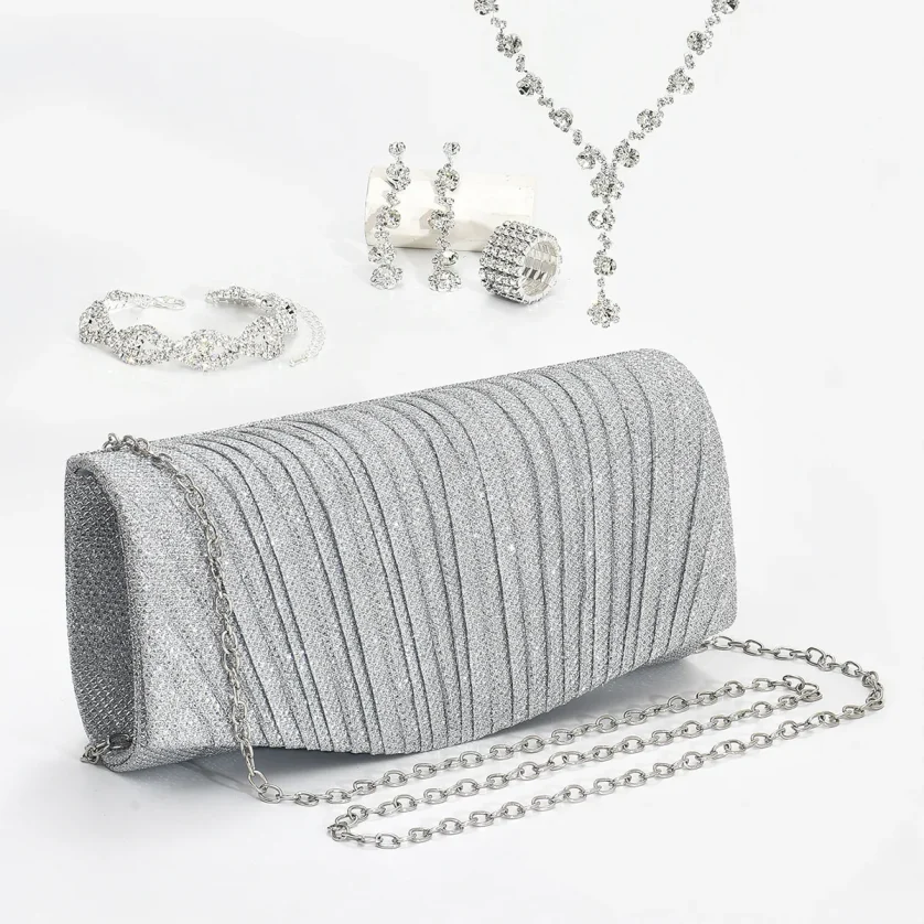 Bridal Jewelry Set Stylish Simple Diamond Bracelet Earrings Necklace PU Clutch Dinner Bag Set (KJ140)