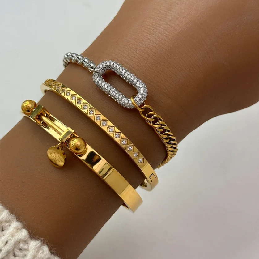New Unique Design 18k Gold Plated Stainless Steel Two Tone Splicing Chain Oval Full Zircon Charms Bracelet for Women YF3678 - Image 2