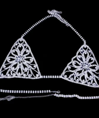 Luxury Hollow Out Diamond Bra Set Women Sexy Halter Chain Transparent Wire Free Unlined Underwear Rhinestone Bra #0717