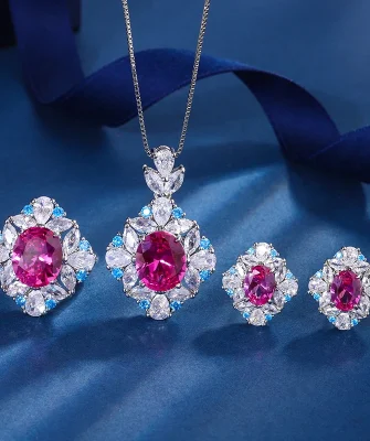 Brazilian Luxury Fuchsia Gemstone Pendant Necklace Earrings Ring Ice Blue CZ Diamond Flower Wedding Fine Jewelry Set for Women