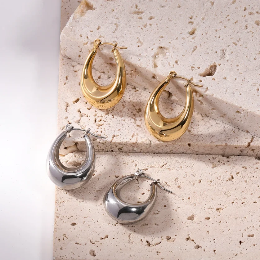 New Trendy Earring 18K Gold Plated Simplist Oval Hollow Hoop Earrings for Women Stainless Steel Earrings Wholesale - Image 4