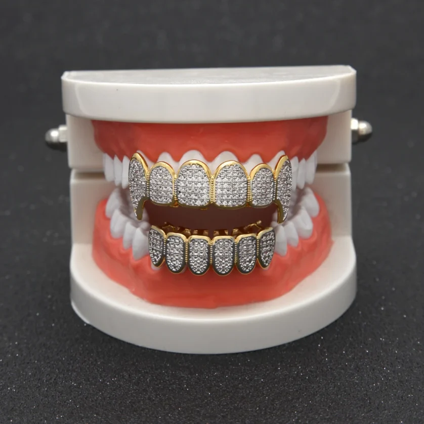 Hiphop Jewelry Grills Hot Sale Top and Bottom Set Micro Pave Bling Diamond Custom Gold Grillz Cz Ice Out Grillz Teeth Set - Image 4