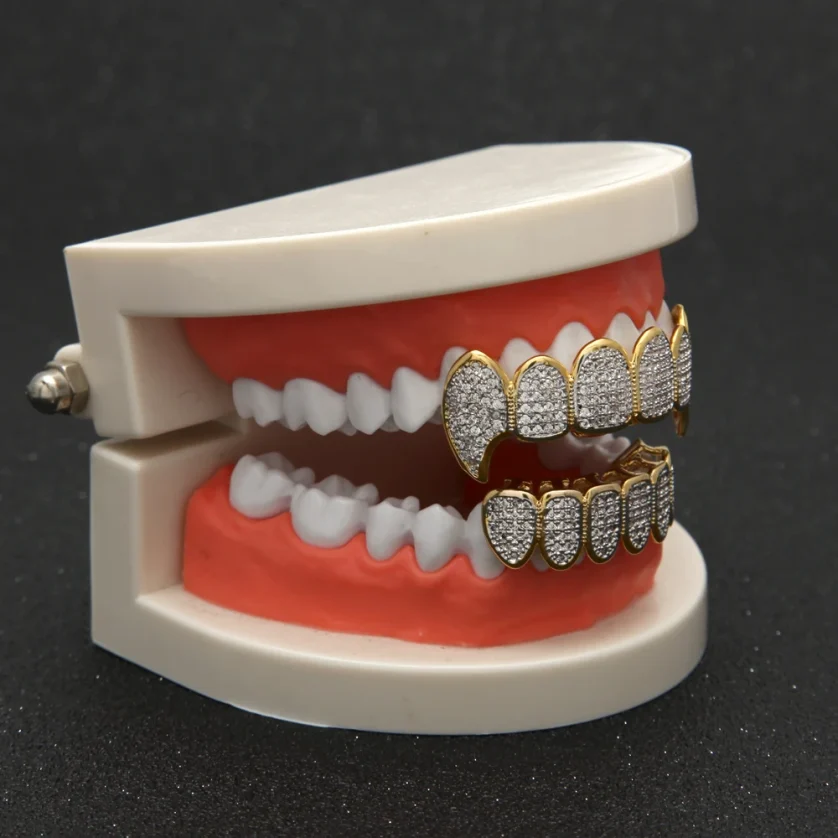 Hiphop Jewelry Grills Hot Sale Top and Bottom Set Micro Pave Bling Diamond Custom Gold Grillz Cz Ice Out Grillz Teeth Set - Image 5