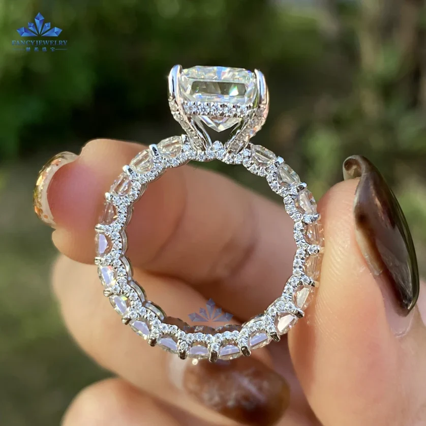 2025 Hot Selling 925 Silver Full Diamond Ring Band 5CT 9x11mm Radiant Emerald Moissanite Diamond Rings with Luxury Design