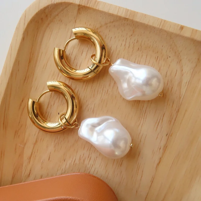 Hypoallergenic Designer Baroque Pearl Earrings Trendy Stainless Steel 18k Gold Plated Statement Hoop Earrings Women - Image 4