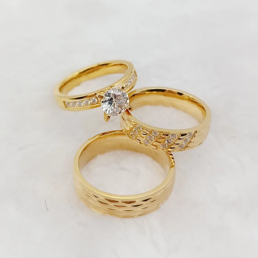 Handmade Hammered 18k Gold Plated Couple Wedding Engagement Ring for Men and Women 3pcs Bridal Sets Cz Diamond Ring Alliance - Image 3