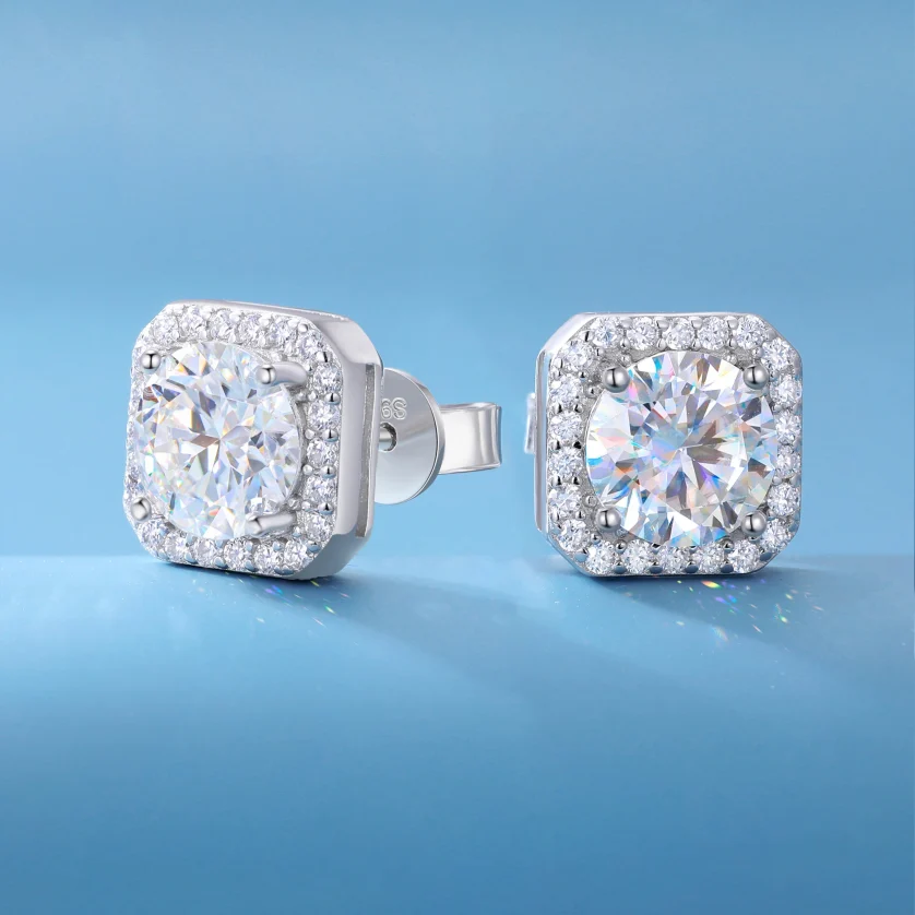 Jewelry 925 Sterling Silver VVS Moissanite Diamond Classic Square Halo Stud Earrings for Men Women - Image 6