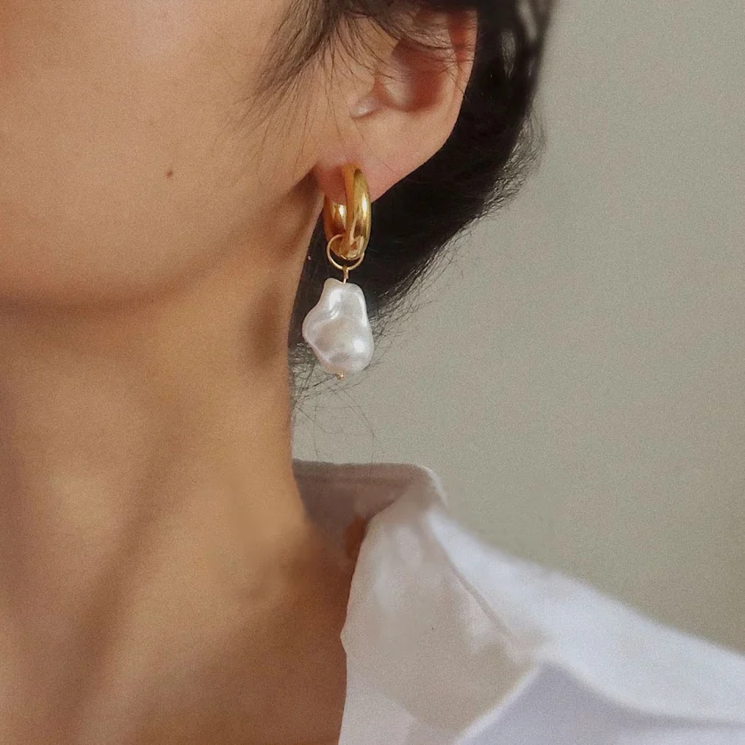 Hypoallergenic Designer Baroque Pearl Earrings Trendy Stainless Steel 18k Gold Plated Statement Hoop Earrings Women - Image 2