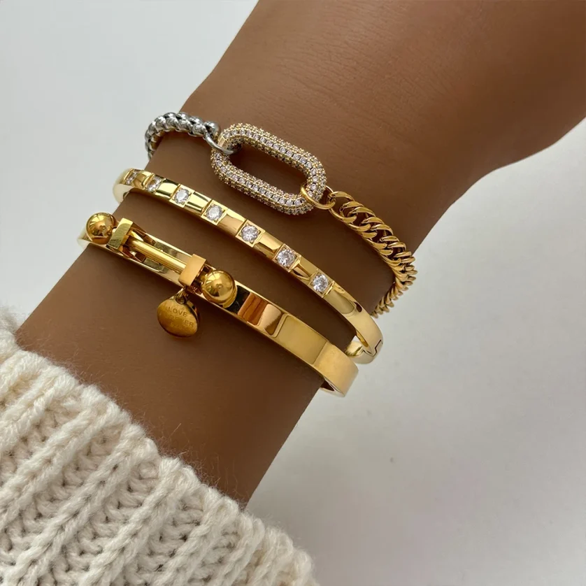 New Unique Design 18k Gold Plated Stainless Steel Two Tone Splicing Chain Oval Full Zircon Charms Bracelet for Women YF3678 - Image 6